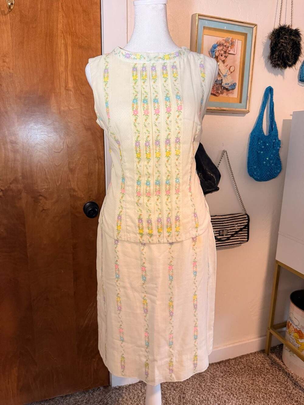 Vintage 1960s Floral Linen Blend Two Piece Skirt Set ILGWU Union Made